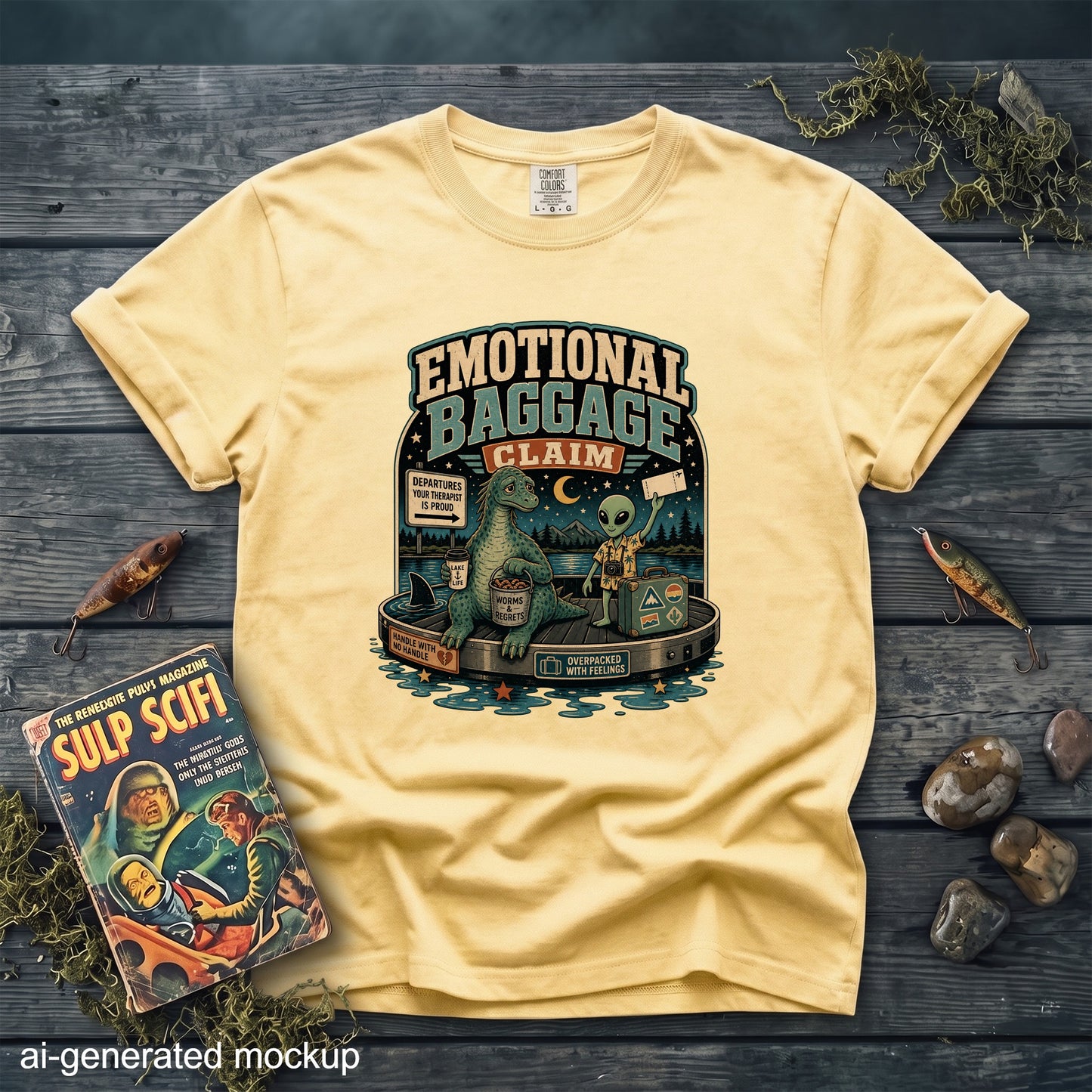 Yellow t-shirt with "Emotional Baggage Claim" graphic featuring a dinosaur and alien.