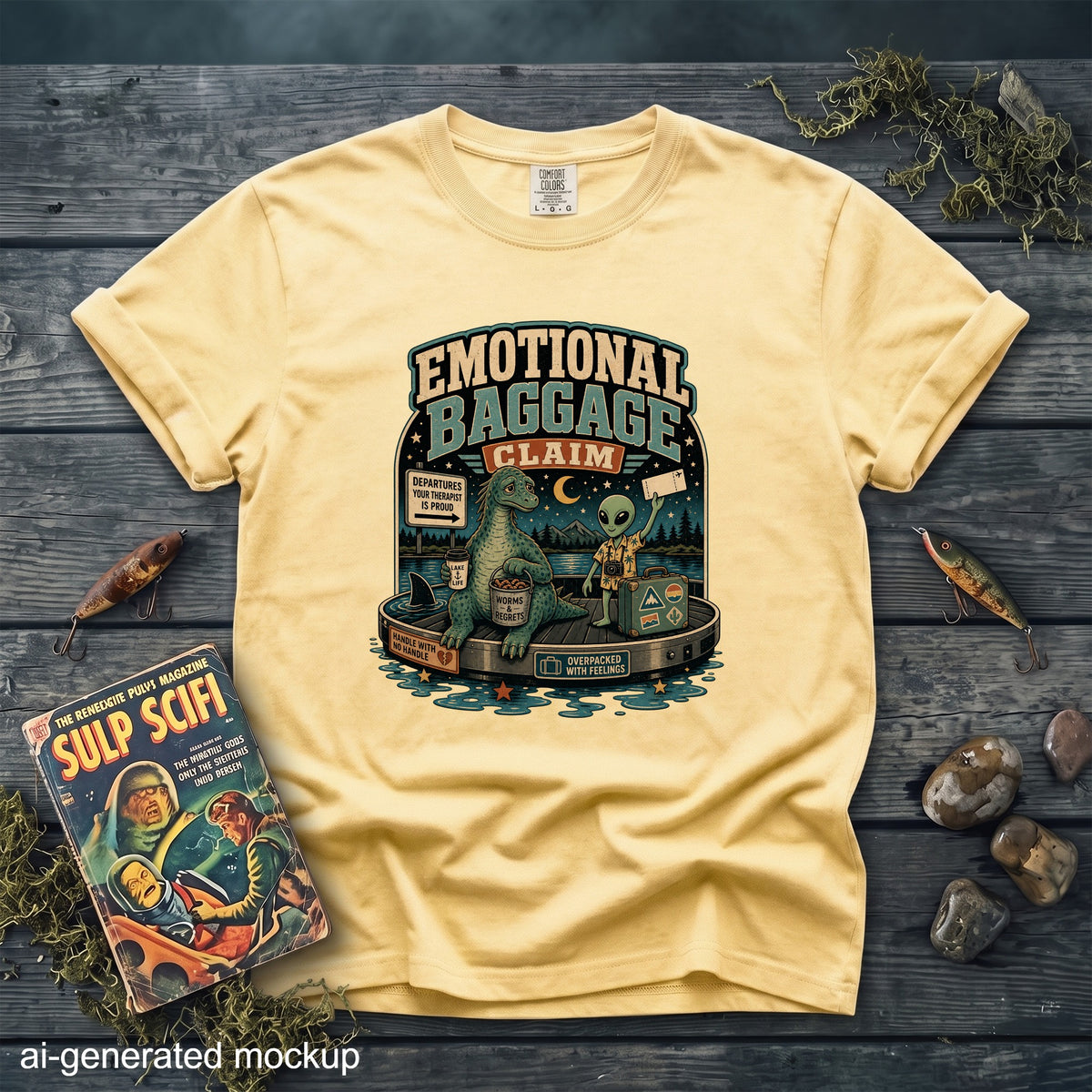 Yellow t-shirt with "Emotional Baggage Claim" graphic featuring a dinosaur and alien.