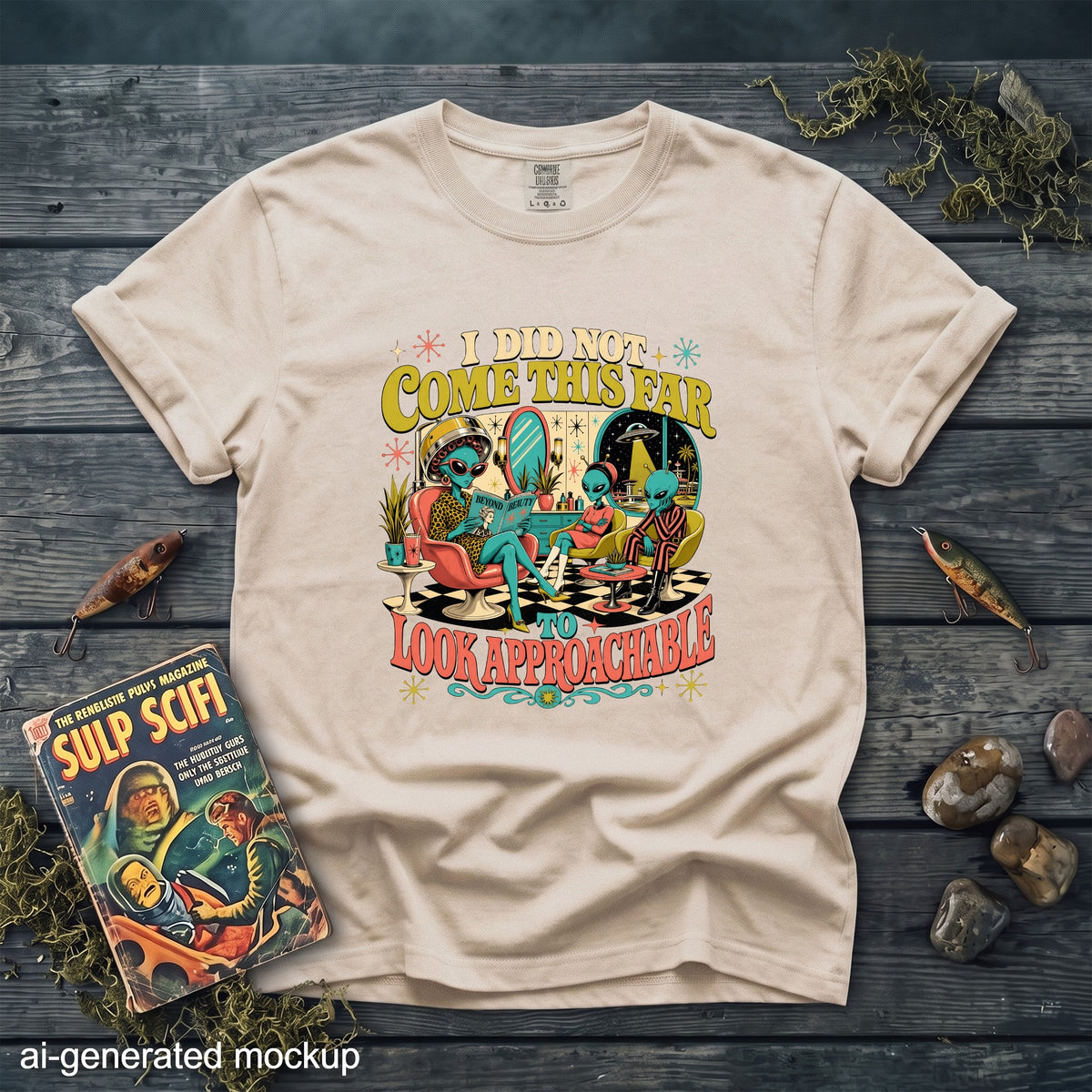 T-shirt with graphic of aliens at a salon reading "I did not come this far to look approachable."