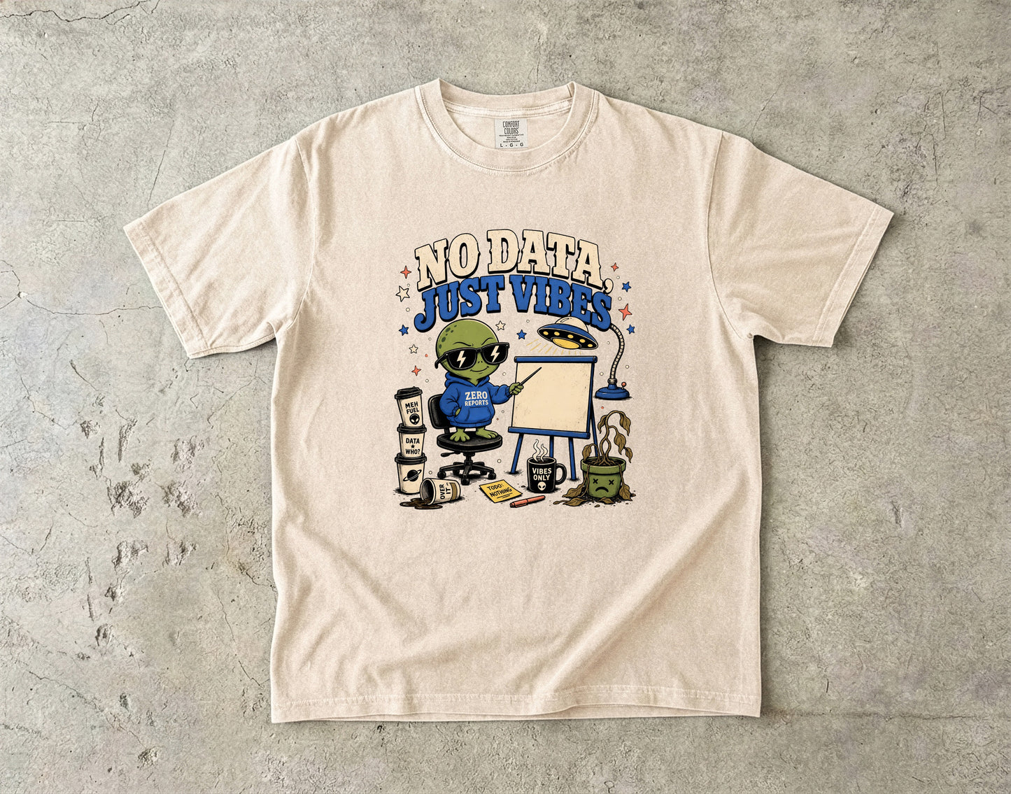 T-shirt with alien graphic and text "NO DATA JUST VIBES".