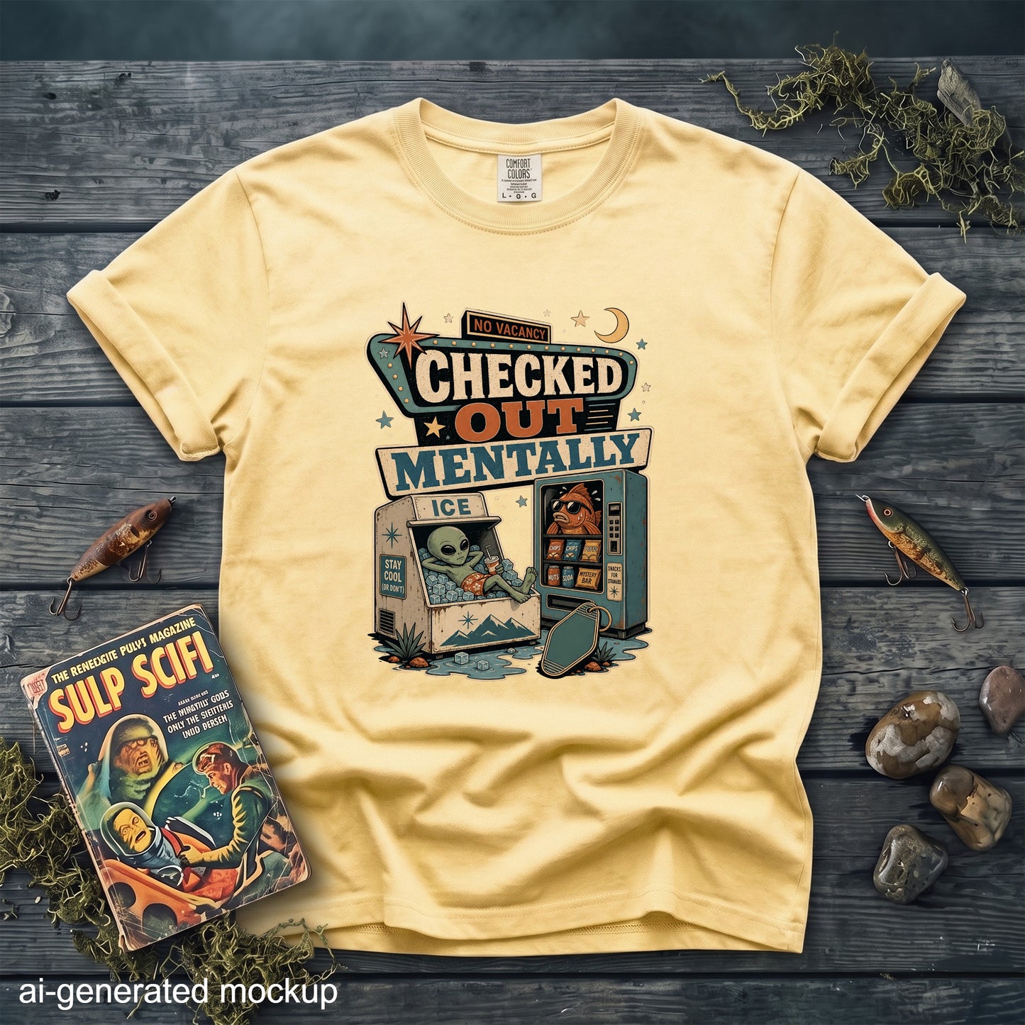 Yellow t-shirt with "Checked Out Mentally" graphic featuring an alien by an ice chest and a fish by a vending machine.