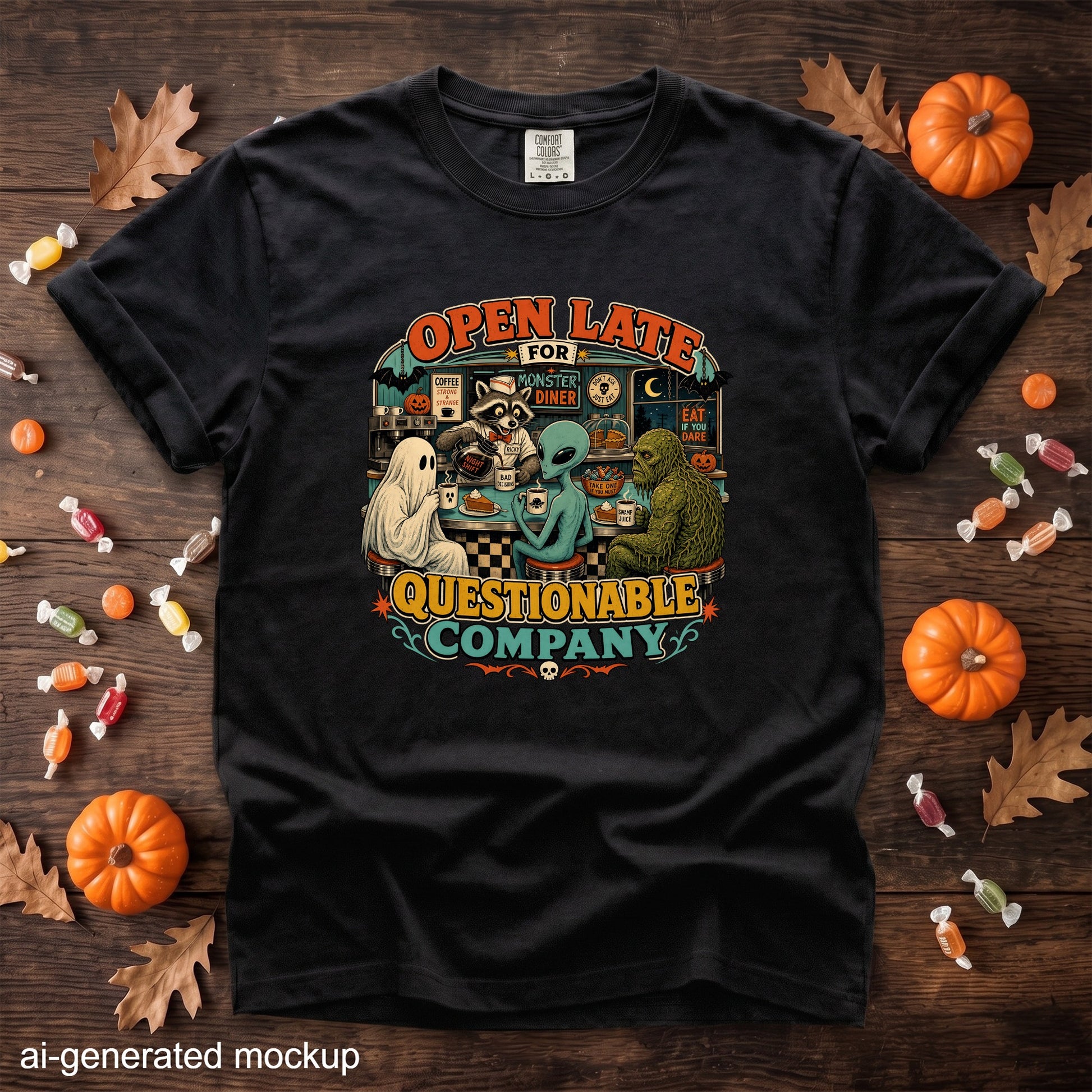 Black t-shirt with "Open Late for Questionable Company" graphic featuring monsters.