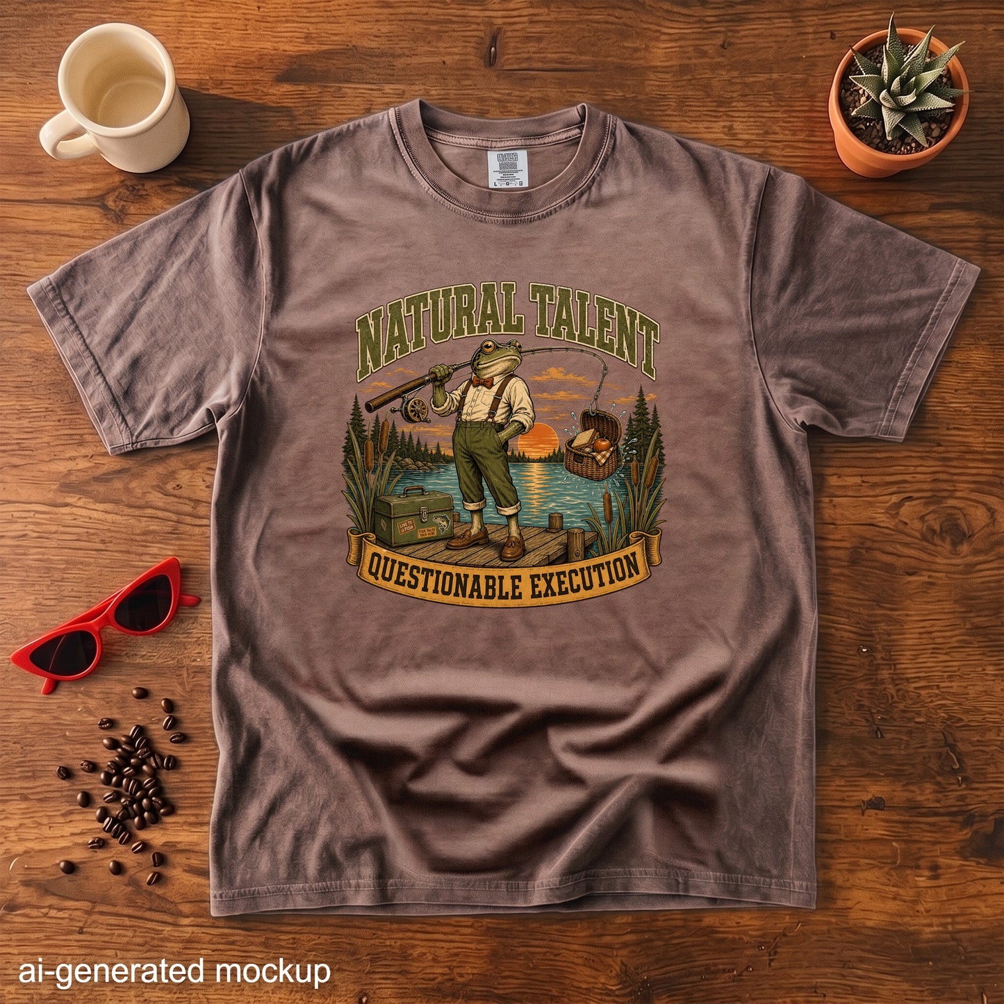 T-shirt with graphic of a frog fishing, "Natural Talent" and "Questionable Execution."