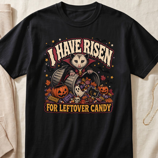 Black t-shirt with "I HAVE RISEN FOR LEFTOVER CANDY" and Halloween graphics.