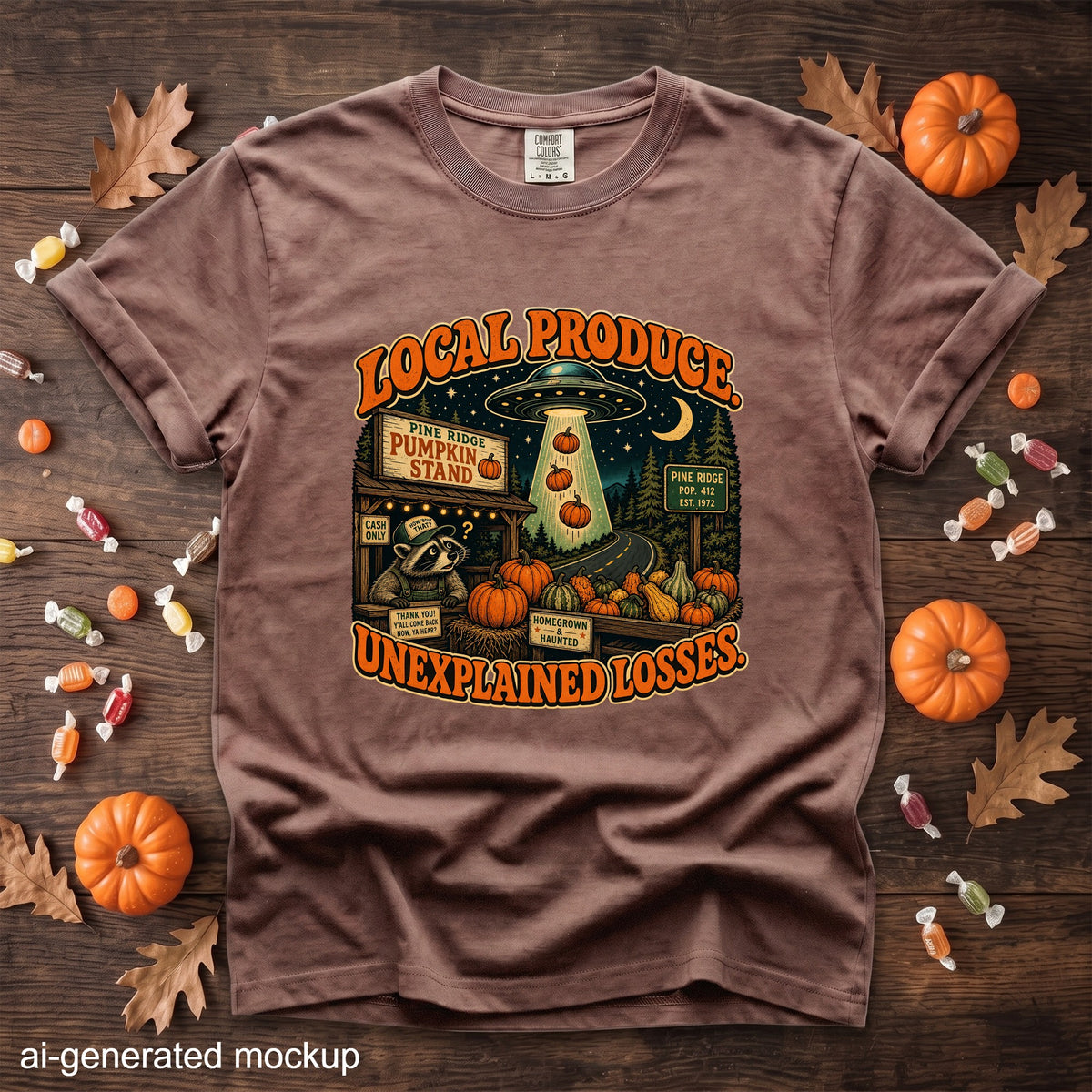 Brown t-shirt with "Local Produce Unexplained Losses" graphic featuring a UFO.