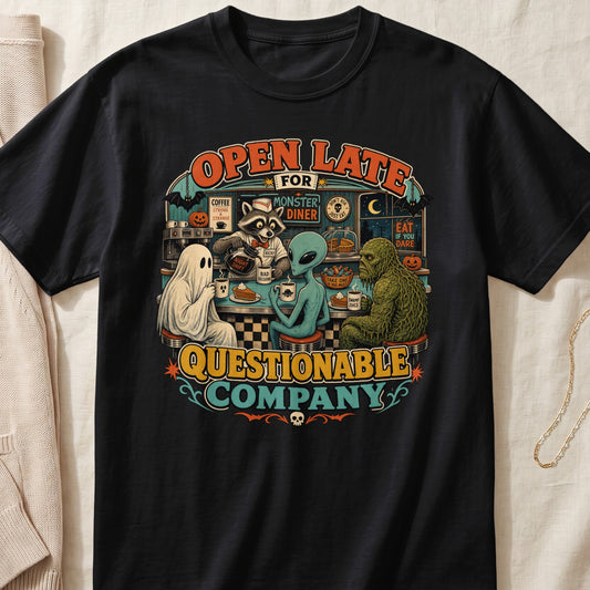 Black t-shirt featuring a retro diner scene with a ghost, alien, raccoon, and swamp monster.