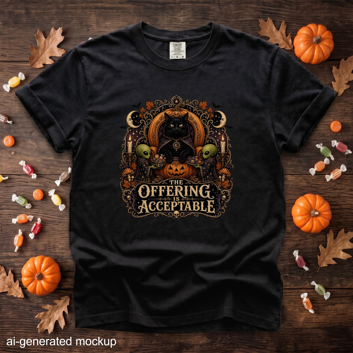 Black t-shirt with a Halloween graphic of a black cat, aliens, pumpkins, and the text "The Offering is Acceptable."