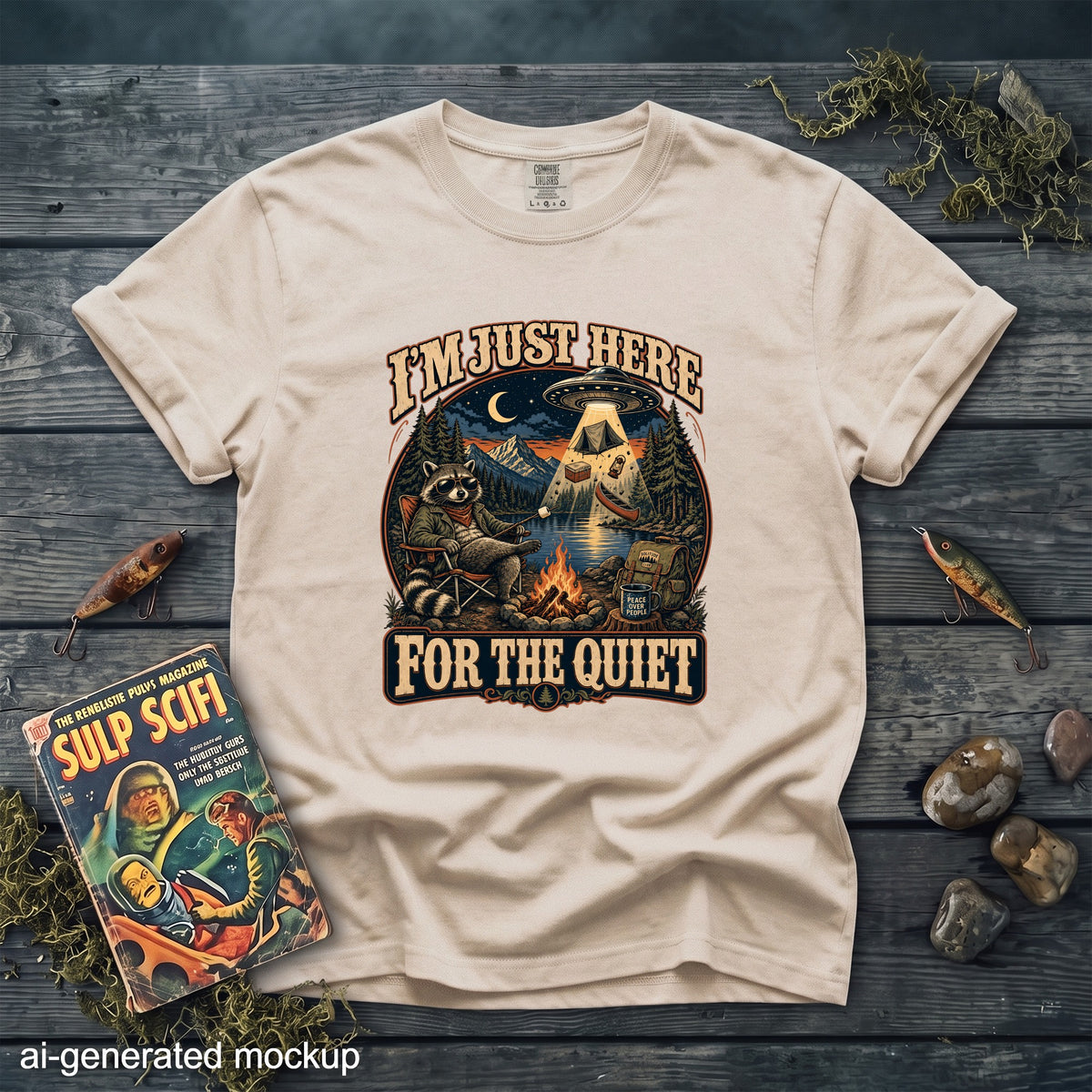 Cream t-shirt with a graphic of a raccoon camping under a UFO, "I'M JUST HERE FOR THE QUIET".