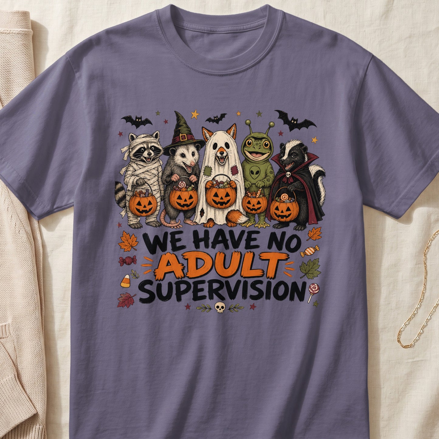 Halloween themed t-shirt with animals in costumes and the text "WE HAVE NO ADULT SUPERVISION".