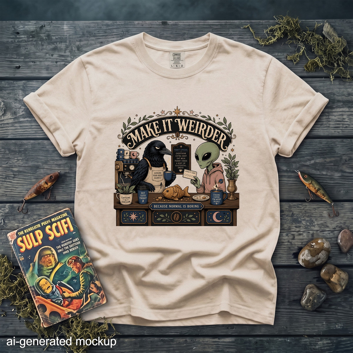 T-shirt with "Make it Weirder" text, raven, alien, and coffee shop scene.