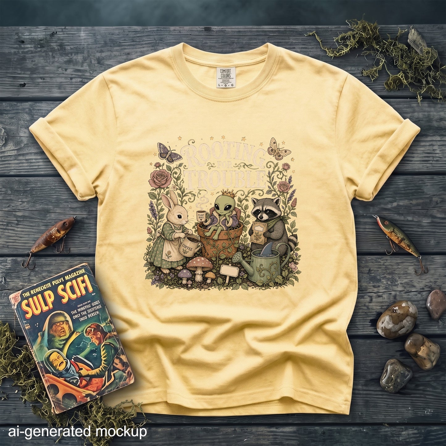 Yellow t-shirt with "Rooting for Trouble" graphic featuring a rabbit, alien, and raccoon.