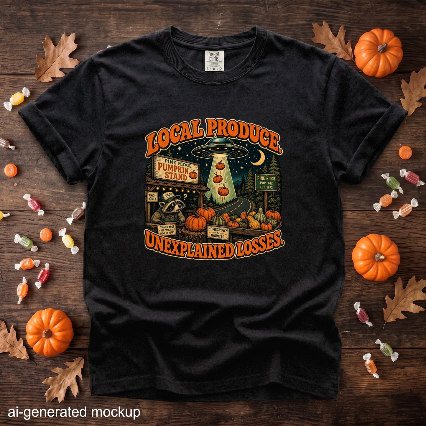 Black t-shirt with "Local Produce Unexplained Losses" alien pumpkin stand graphic.