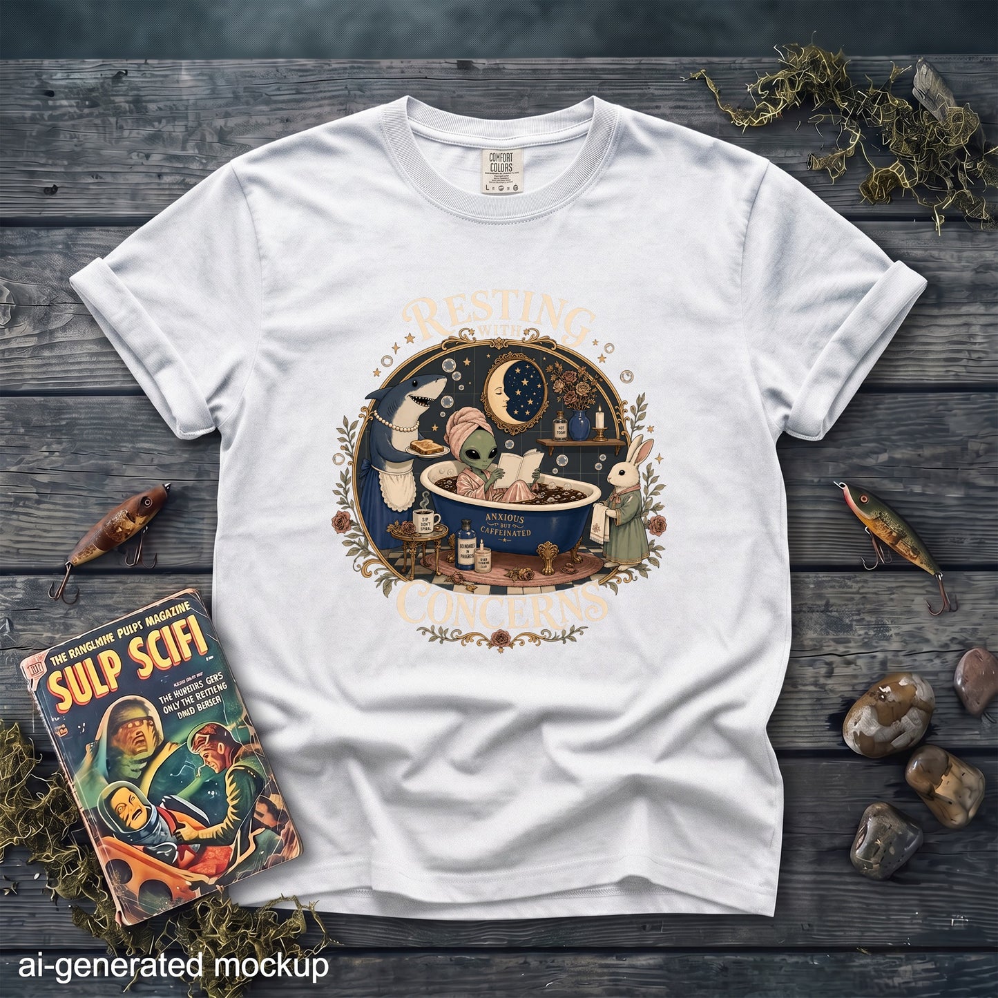 White t-shirt with circular graphic of alien in tub, shark, and rabbit. Text: "Resting With Anxious But Caffeinated Concerns".