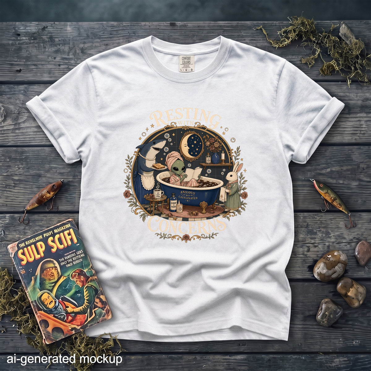 White t-shirt with circular graphic of alien in tub, shark, and rabbit. Text: "Resting With Anxious But Caffeinated Concerns".