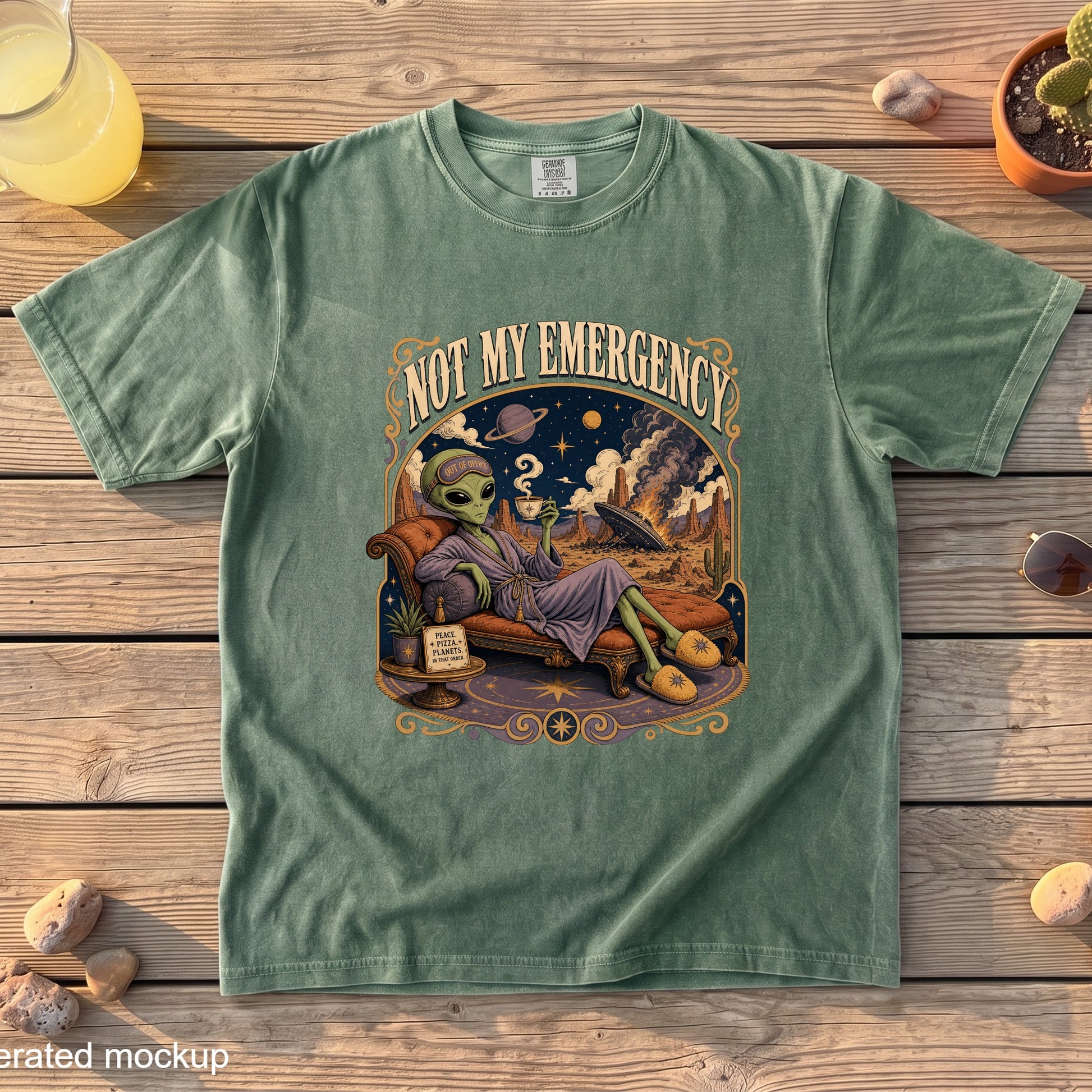 Green t-shirt with alien relaxing, "Not My Emergency" text, and desert scene graphic.