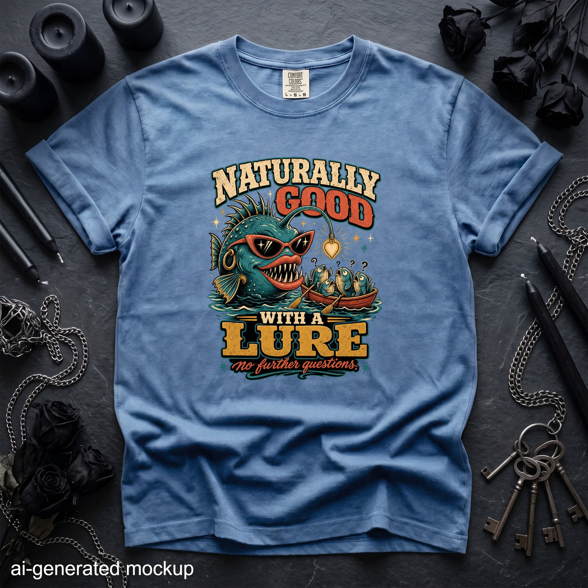 Blue t-shirt with "Naturally Good With A Lure" graphic featuring a fish.