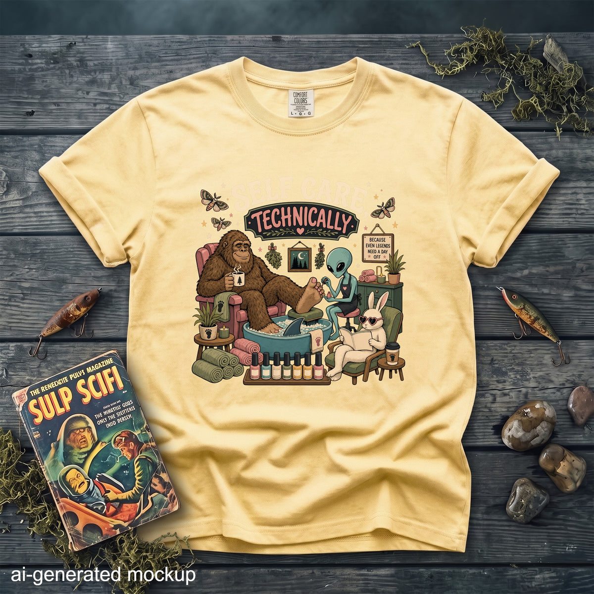 Yellow t-shirt graphic: Bigfoot, alien, and bunny at a spa. Text: "Self Care Technically Because Even Legends Need a Day Off."