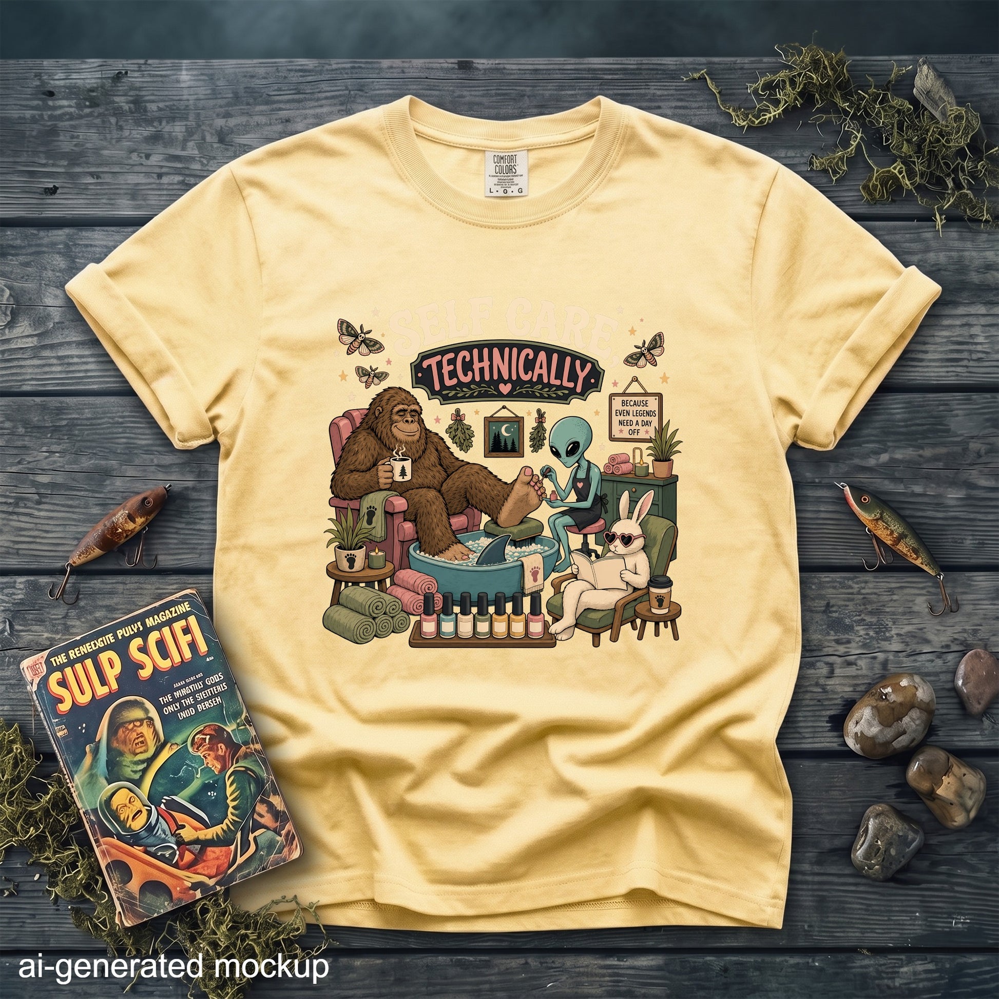 Yellow t-shirt graphic: Bigfoot, alien, and bunny at a spa. Text: "Self Care Technically Because Even Legends Need a Day Off."