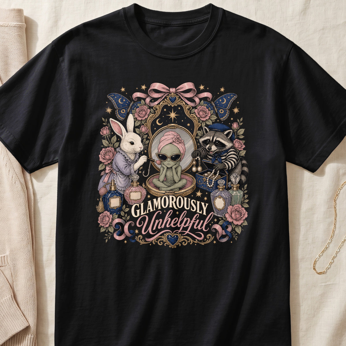Alien with turban and sunglasses in mirror, flanked by rabbit and raccoon, with text "GLAMOROUSLY Unhelpful".