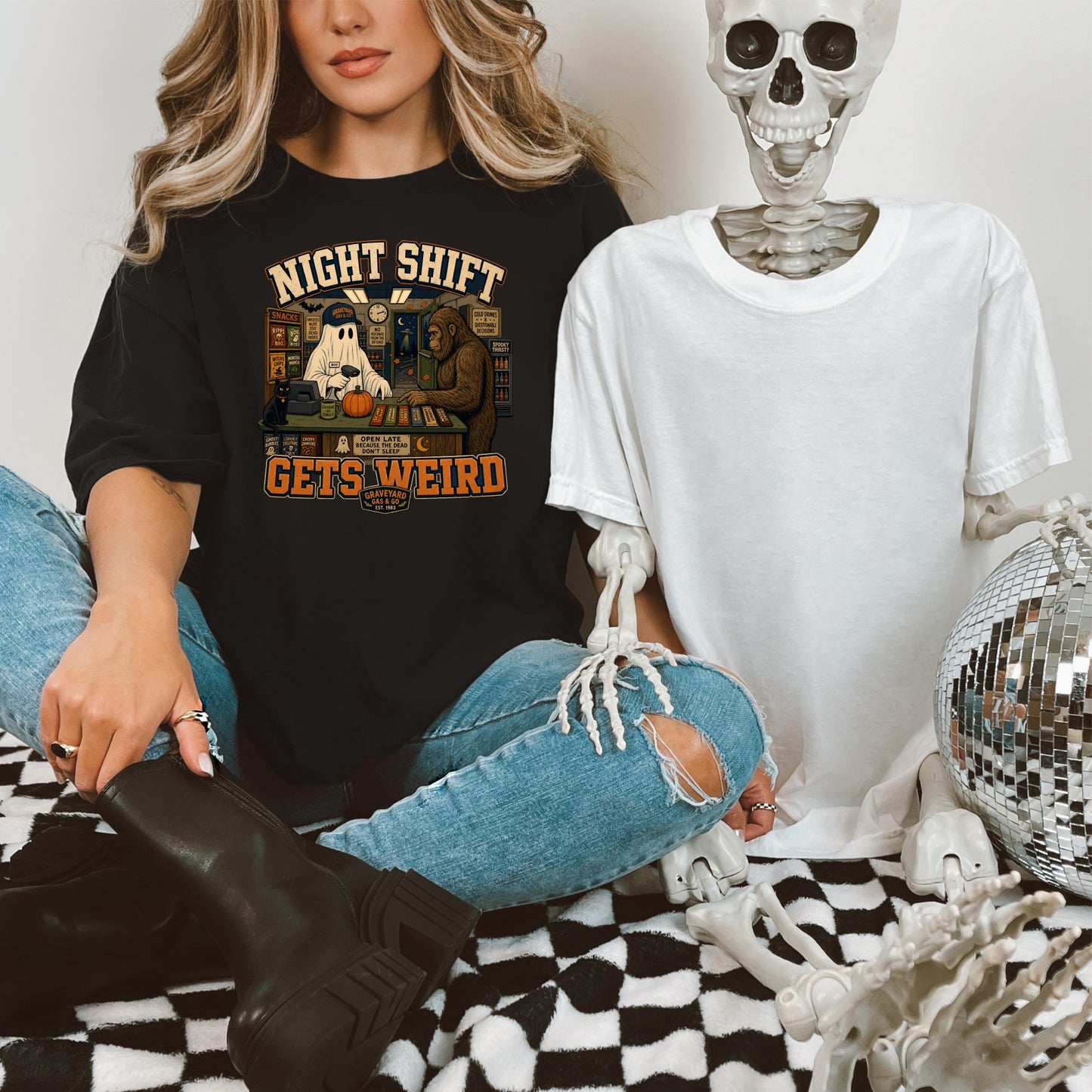 T-shirt with "Night Shift Gets Weird" Halloween graphic featuring ghost and Bigfoot.