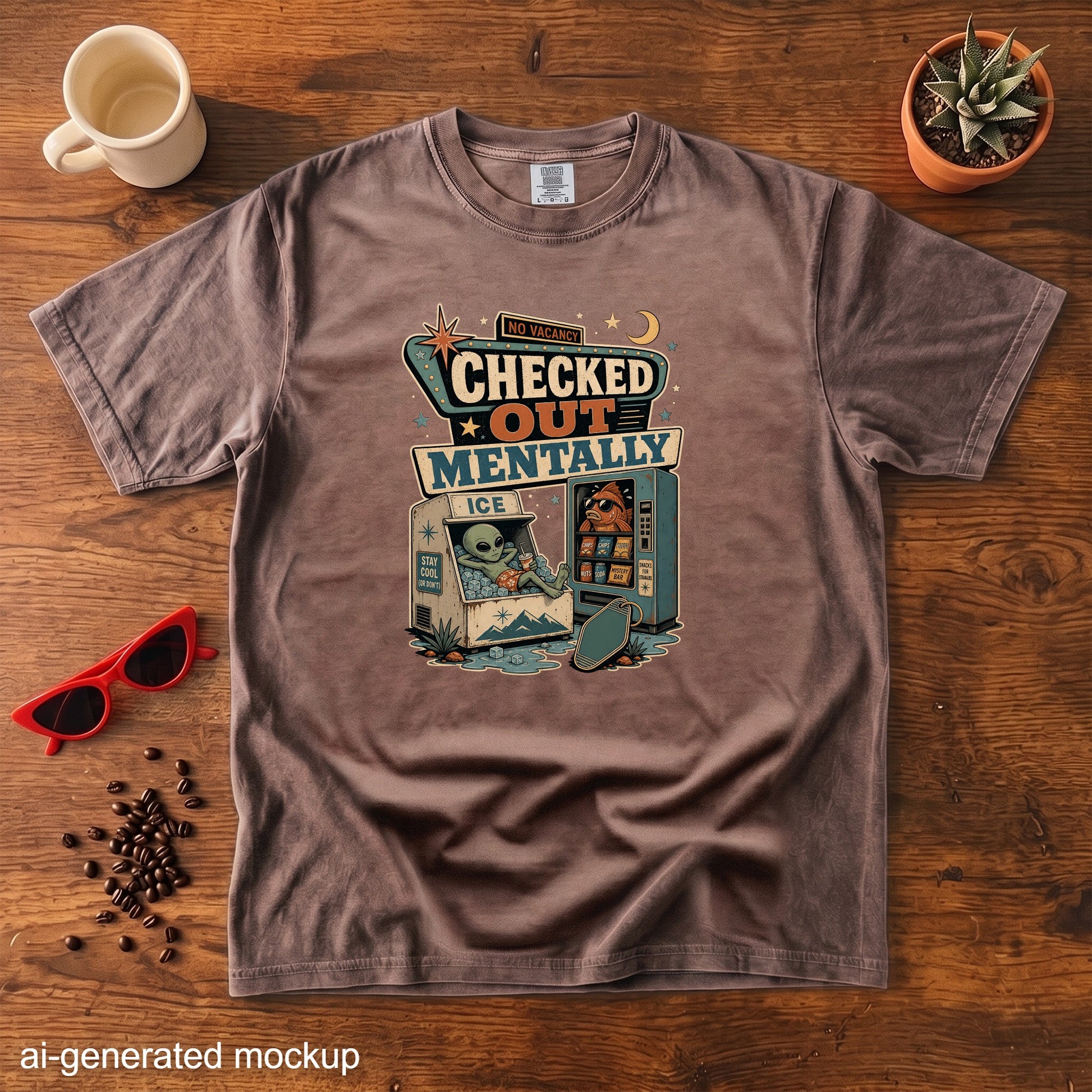 Brown t-shirt with "Checked Out Mentally" graphic featuring an alien.