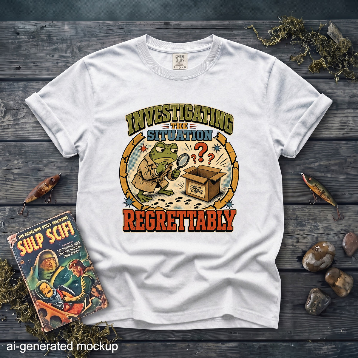 A white t-shirt featuring a cartoon detective frog with a magnifying glass examining an open box.