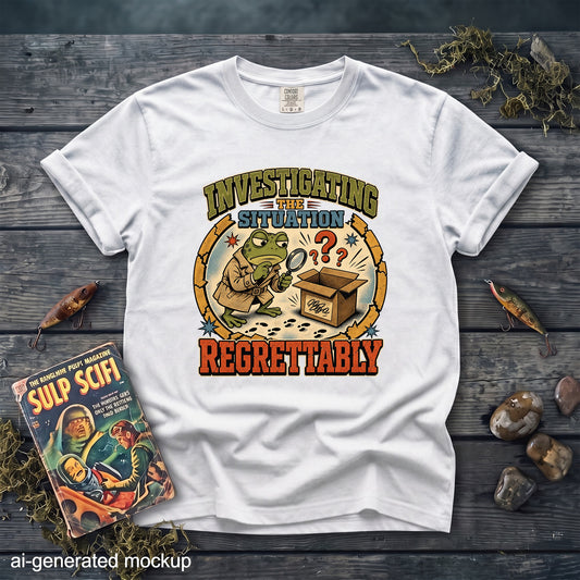 A white t-shirt featuring a cartoon detective frog with a magnifying glass examining an open box.