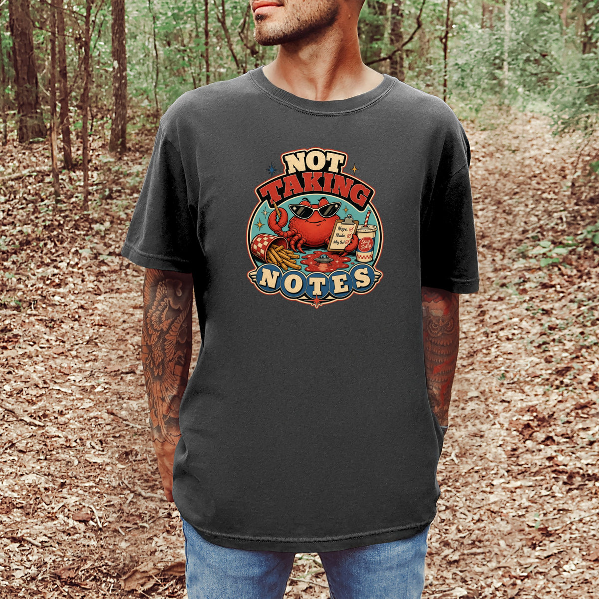 Graphic tee with a cartoon crab wearing sunglasses and the text "NOT TAKING NOTES".