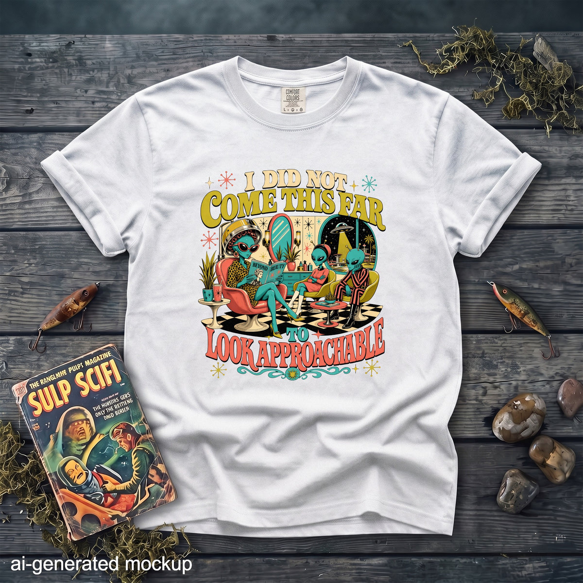 White t-shirt with aliens and the text "I DID NOT COME THIS FAR TO LOOK APPROACHABLE".