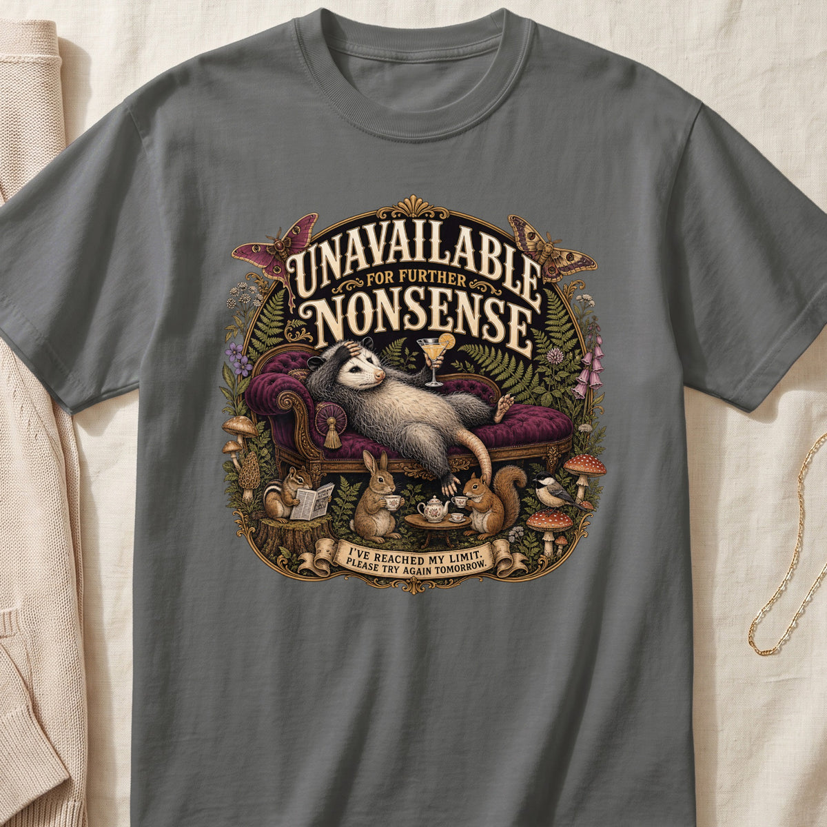 Opossum lounging on a couch with text "Unavailable for Further Nonsense".