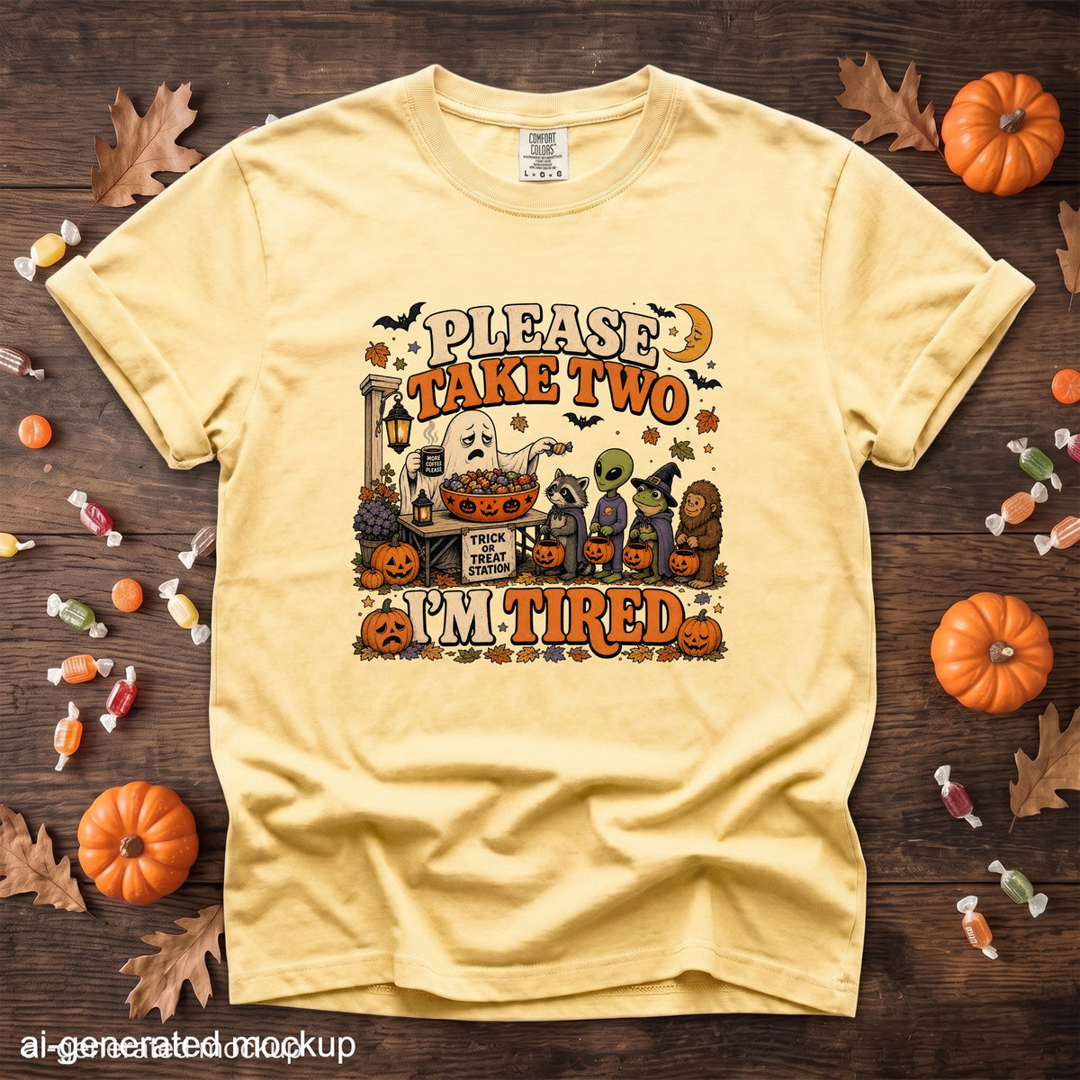 Yellow t-shirt graphic with ghost, alien, frog, raccoon, Bigfoot, and pumpkins saying "Please Take Two, I'm Tired."