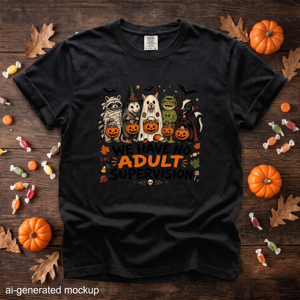 Black t-shirt with Halloween animals holding pumpkins and text "WE HAVE NO ADULT SUPERVISION."