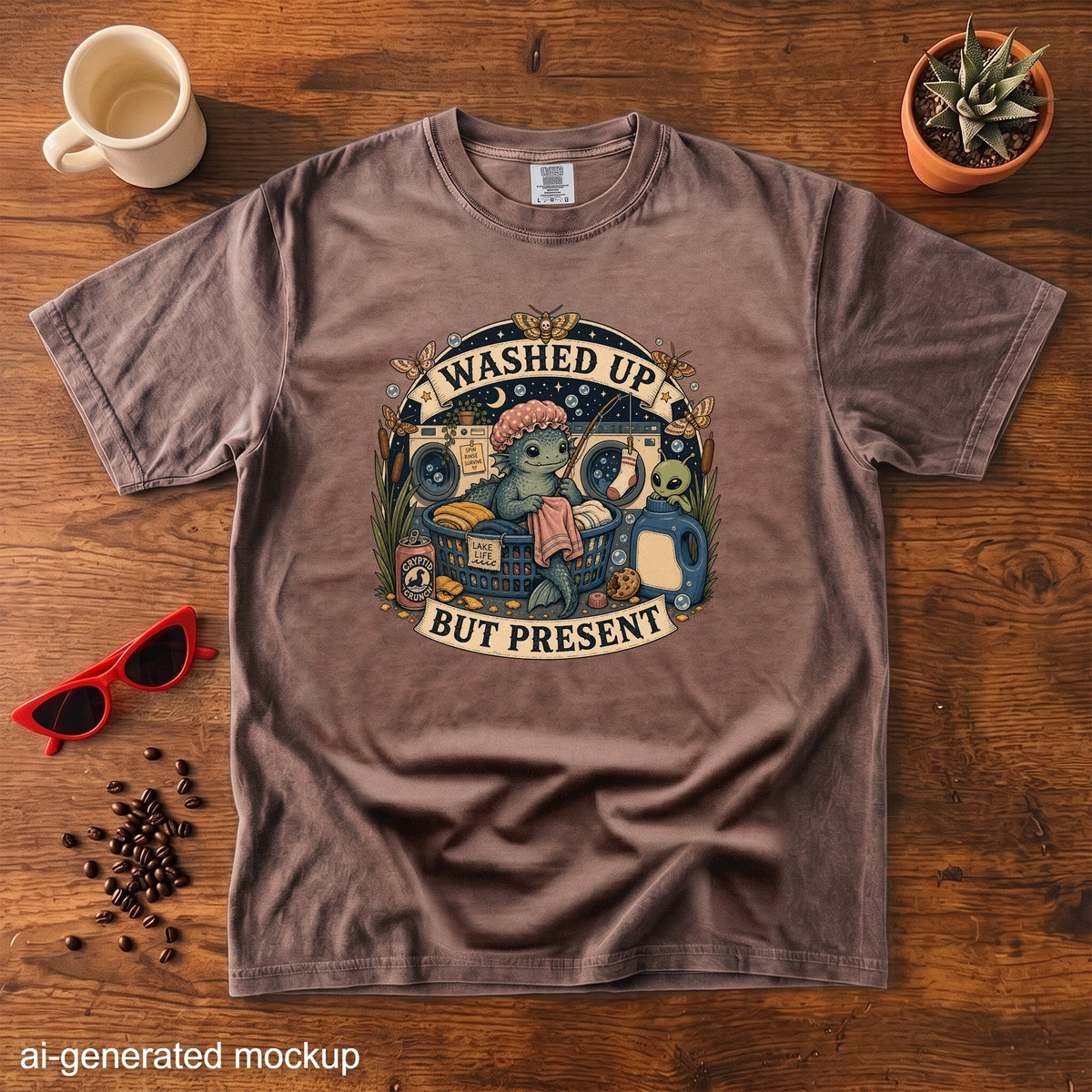 T-shirt with "Washed Up But Present" text and cartoon cryptid theme.
