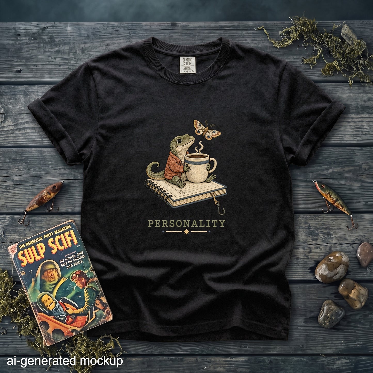 Black t-shirt featuring an illustration of a lizard holding a coffee cup on a notepad.