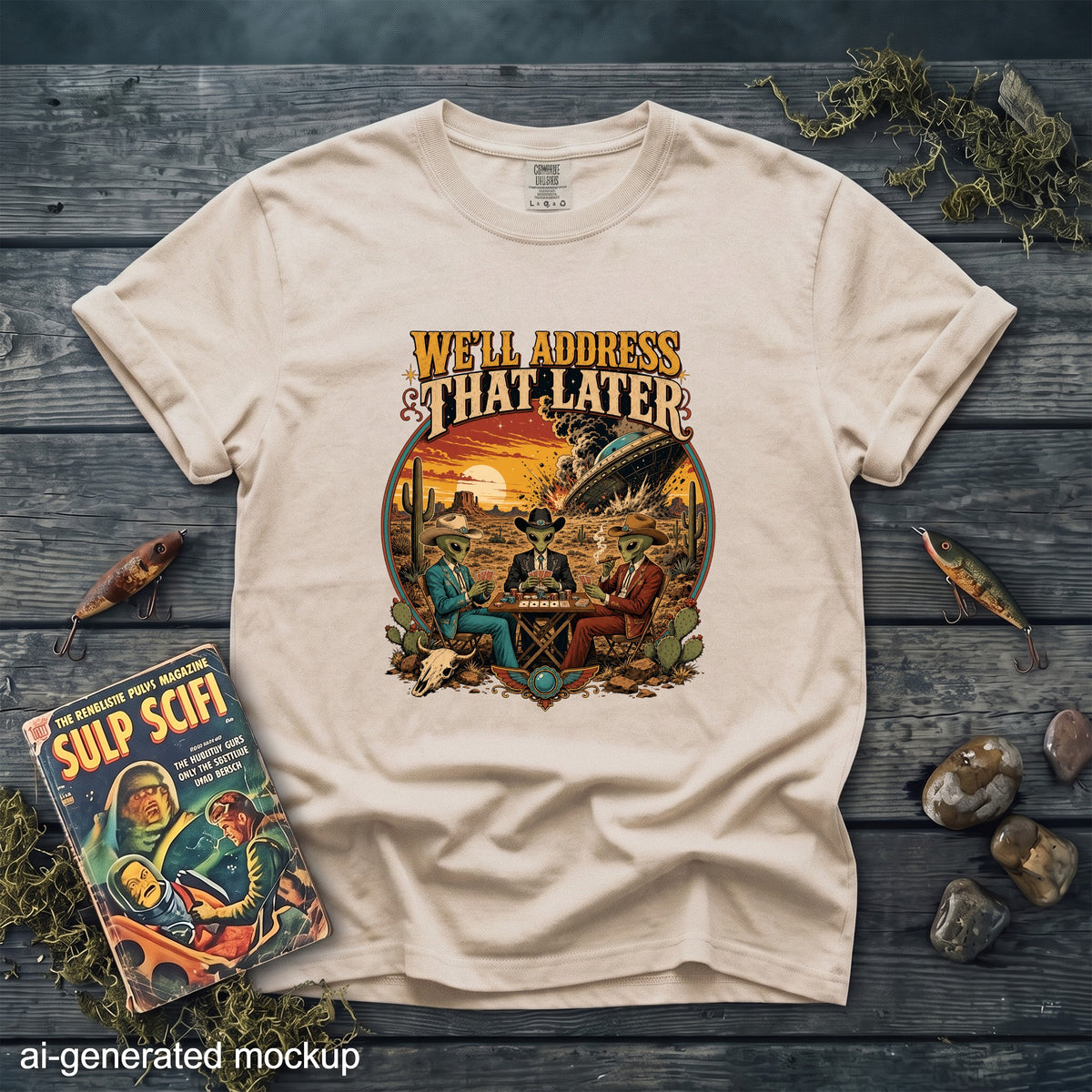 T-shirt with aliens playing poker in the desert with a UFO in the background.
