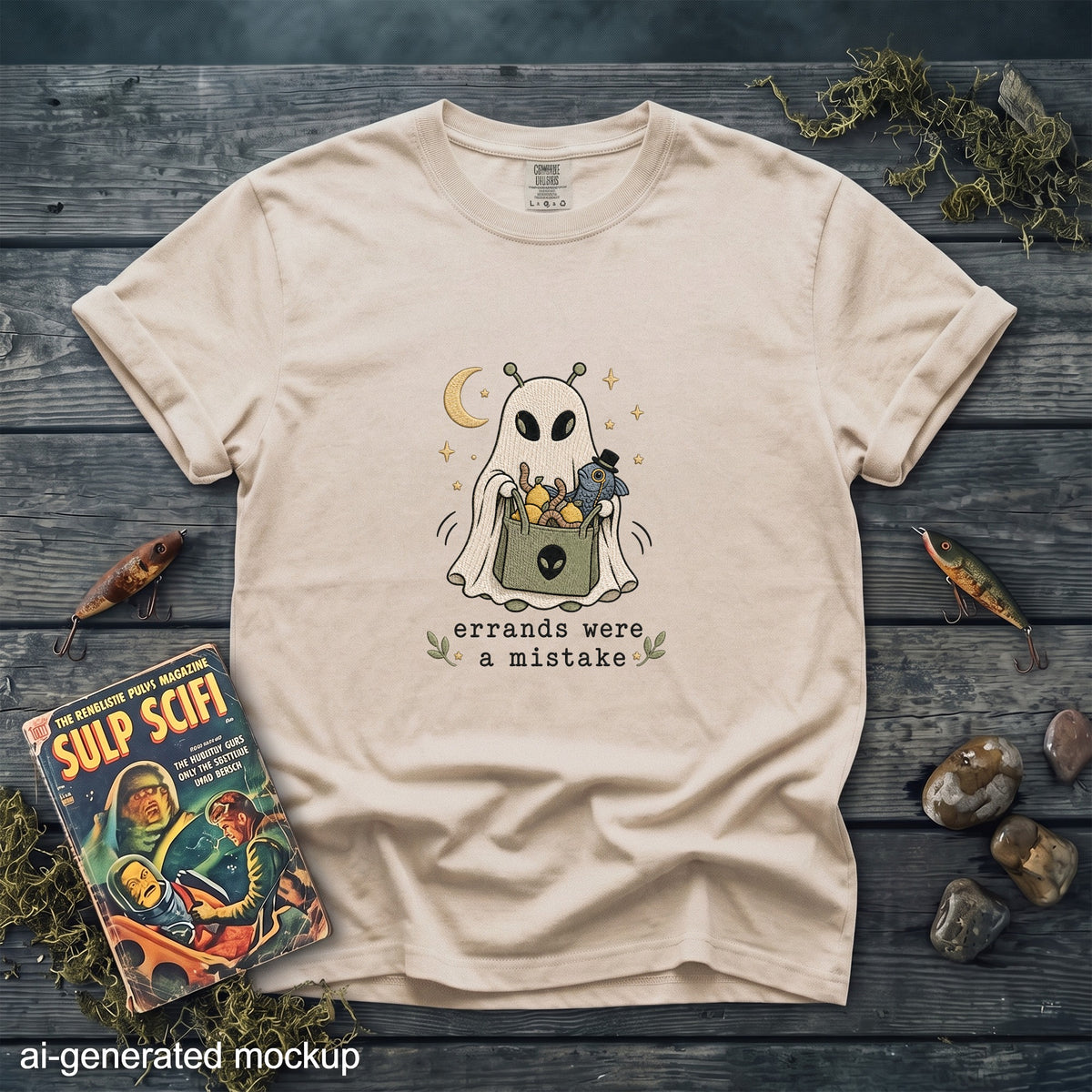 T-shirt with an embroidered ghost holding a bag of items and the text "errands were a mistake."