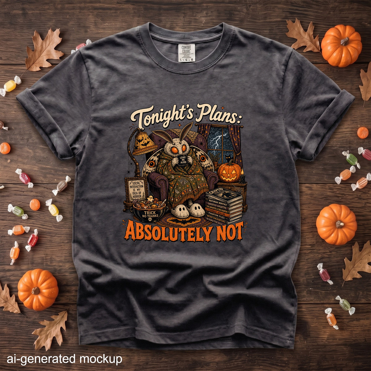 Dark grey t-shirt with Halloween graphic: moth in chair, "Tonight's Plans: Absolutely Not."