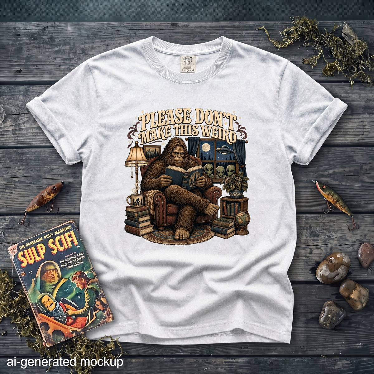 White t-shirt graphic: Bigfoot reading with aliens and UFO outside window.