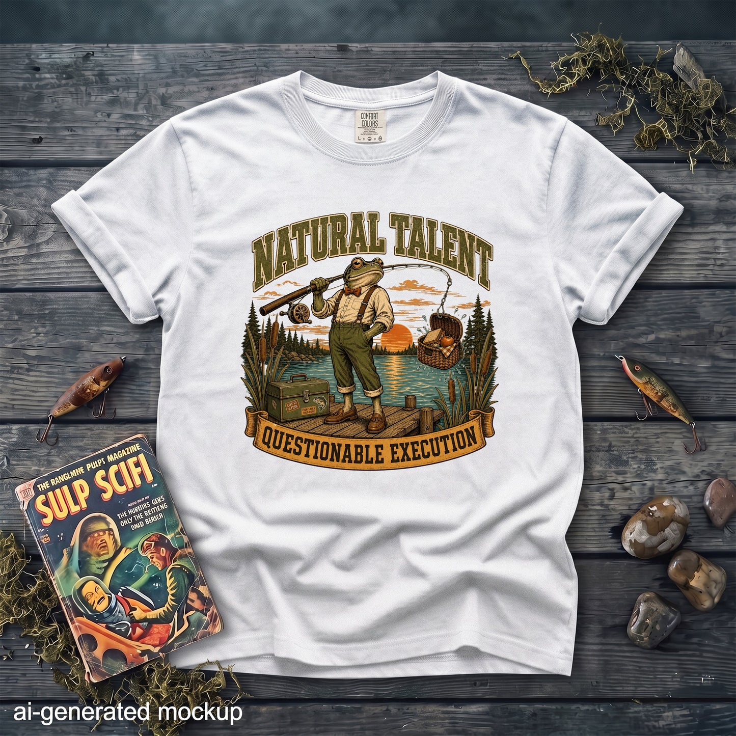 White t-shirt with a frog fisherman graphic and text "NATURAL TALENT QUESTIONABLE EXECUTION".