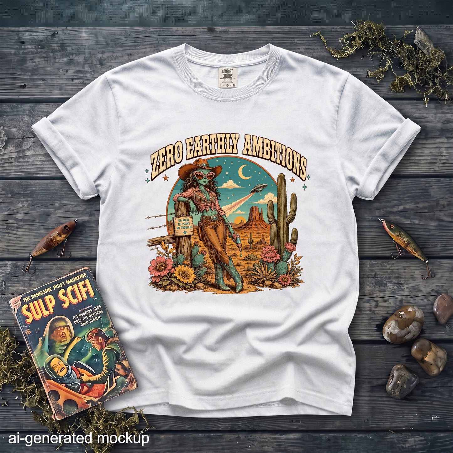 White t-shirt with "Zero Earthly Ambitions" graphic of an alien cowgirl.
