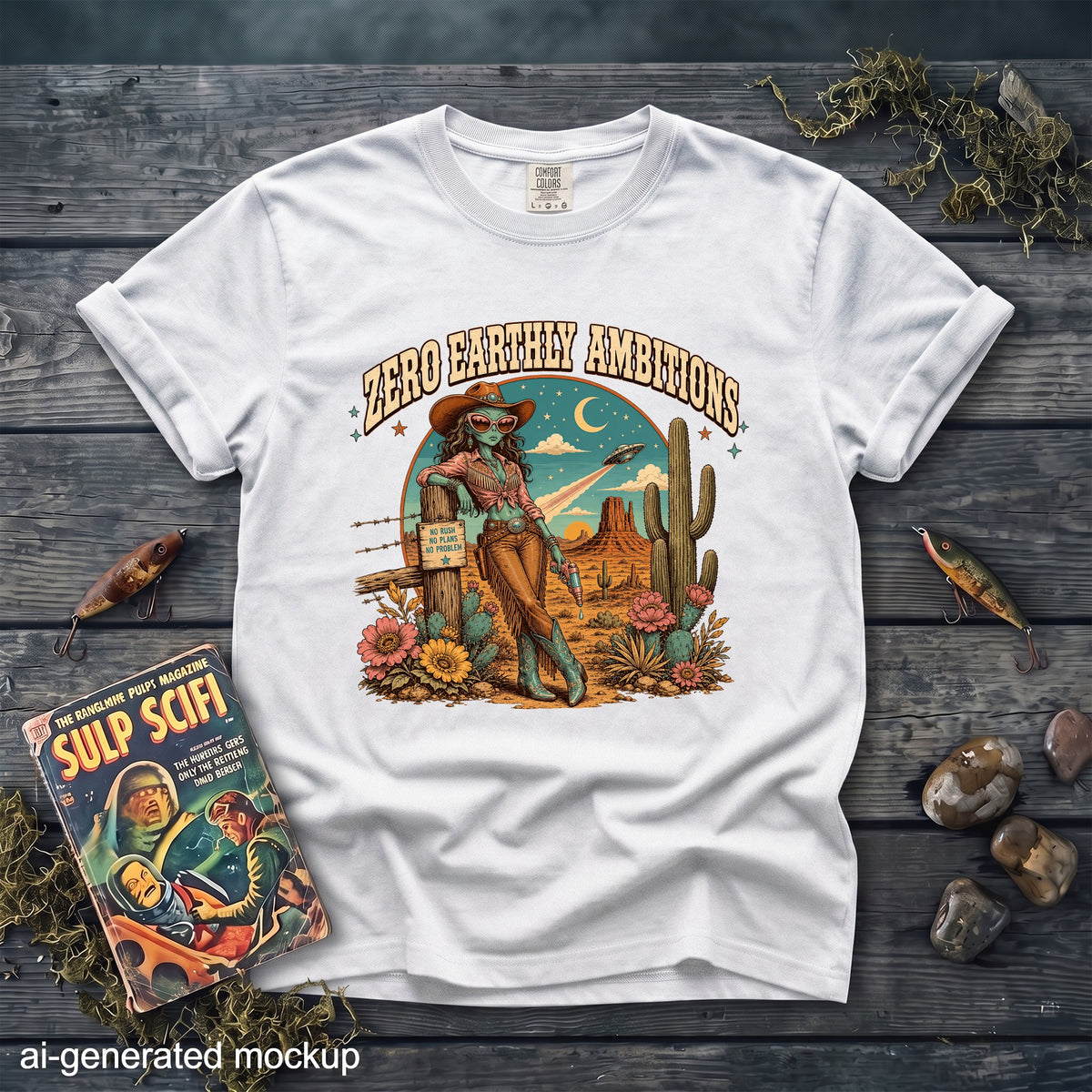 White t-shirt with "Zero Earthly Ambitions" graphic of an alien cowgirl.
