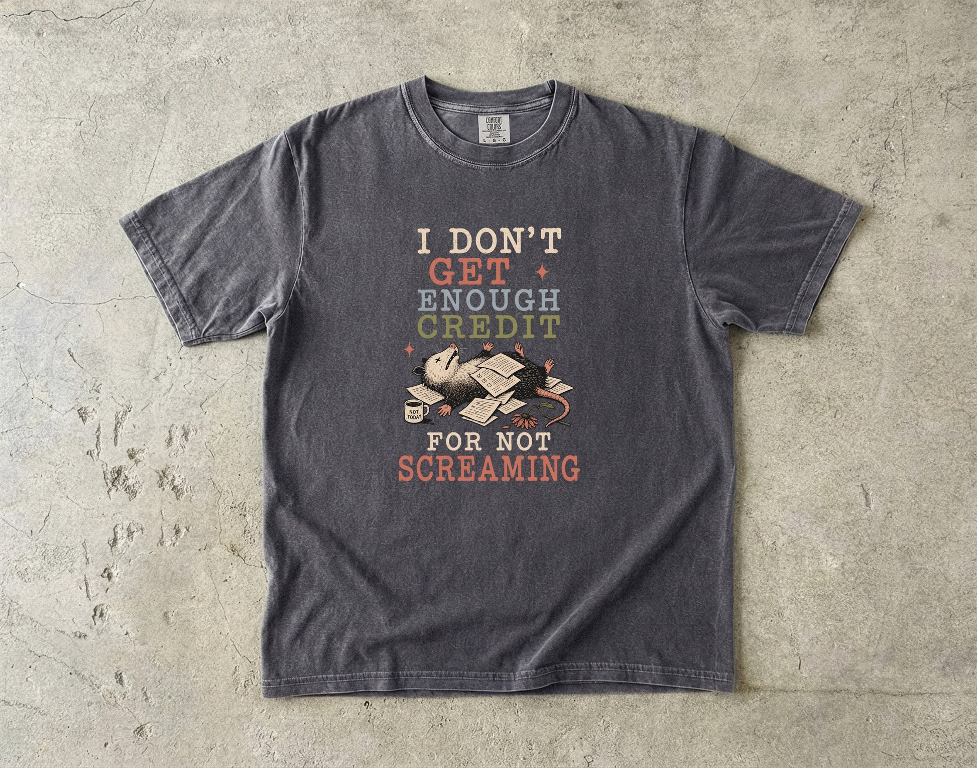 Dark gray t-shirt with "I DON'T GET ENOUGH CREDIT FOR NOT SCREAMING" text and a possum.