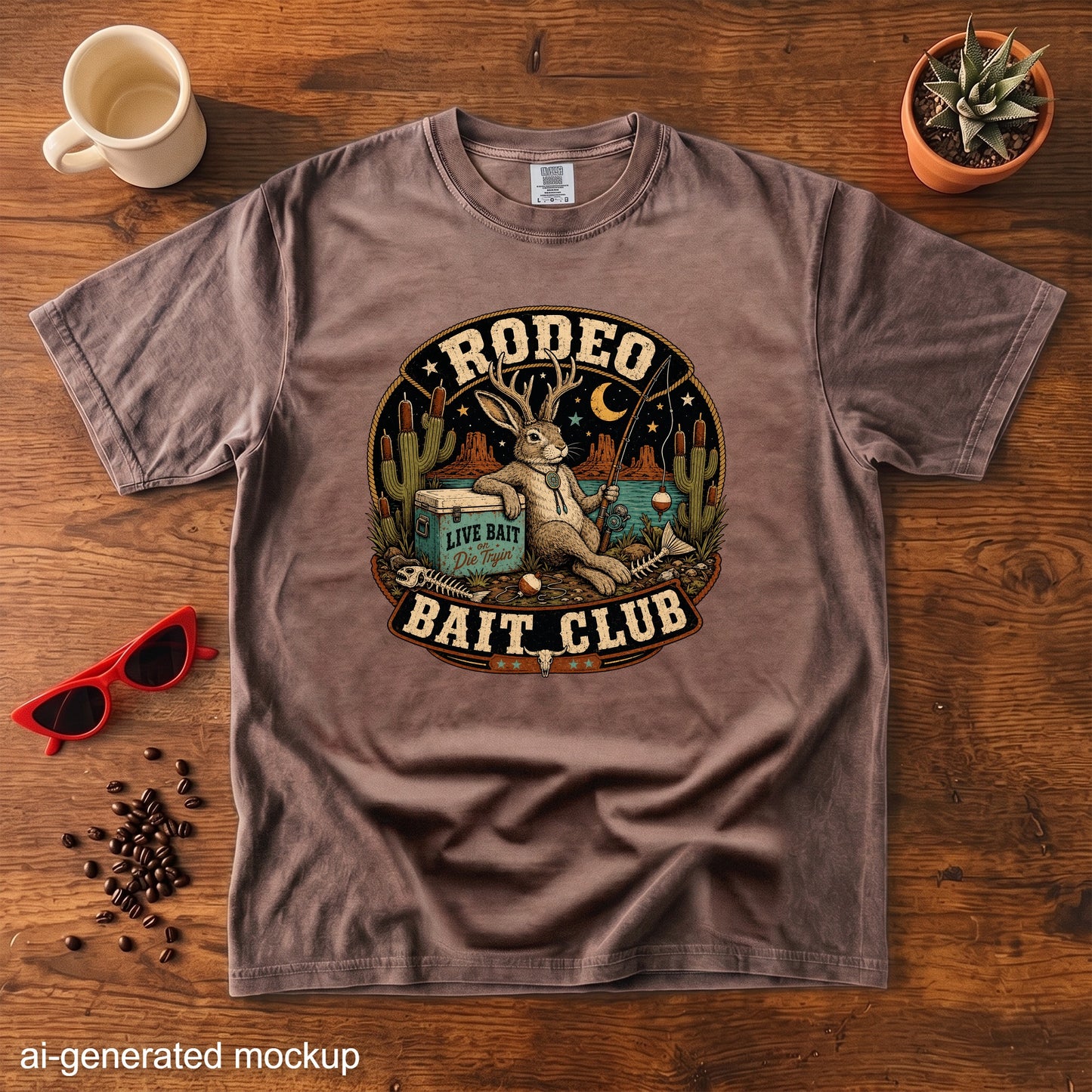Brown t-shirt with a graphic of a rabbit fishing with "Rodeo Bait Club" text.