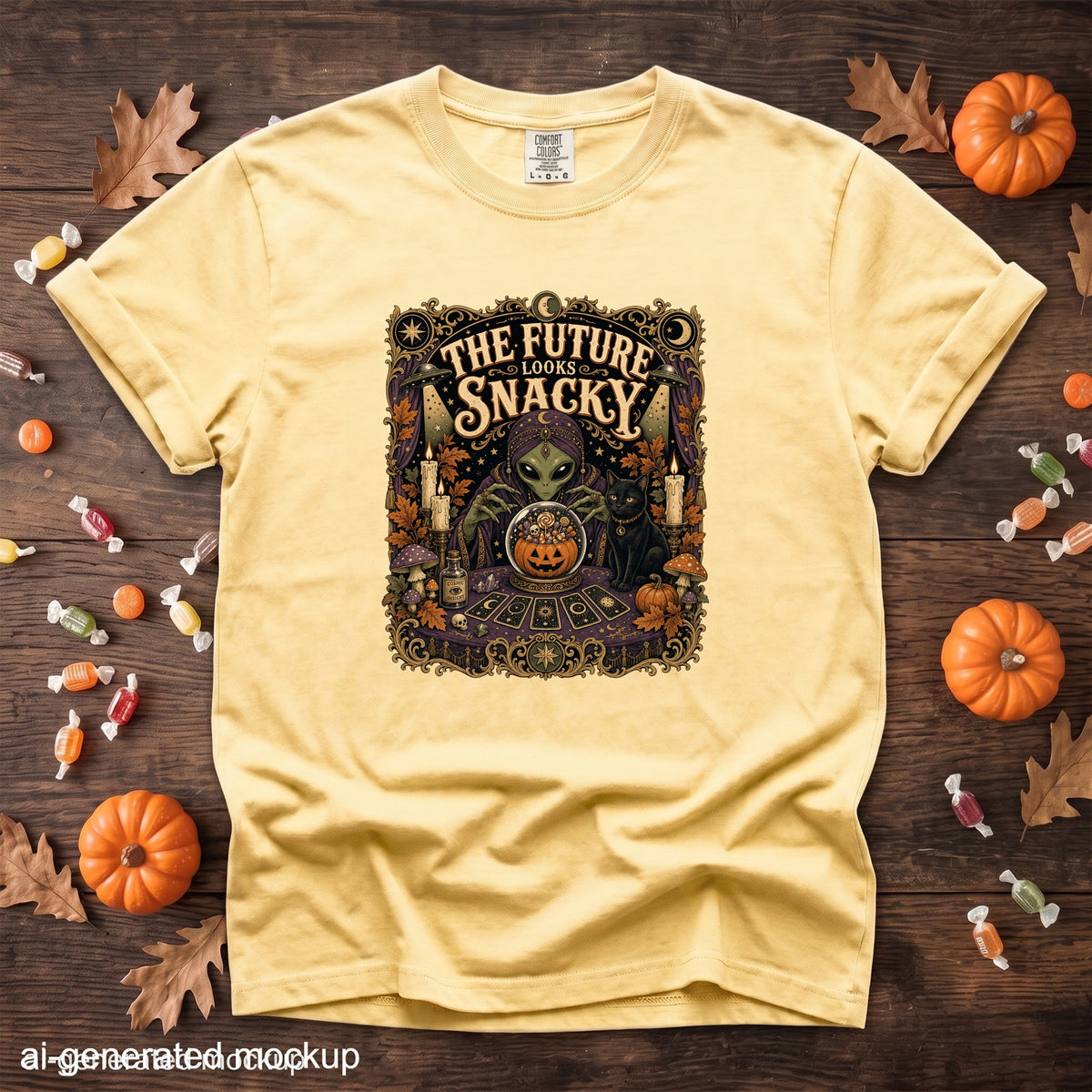 Yellow t-shirt with alien, black cat, and crystal ball graphic that reads "The Future Looks Snacky."