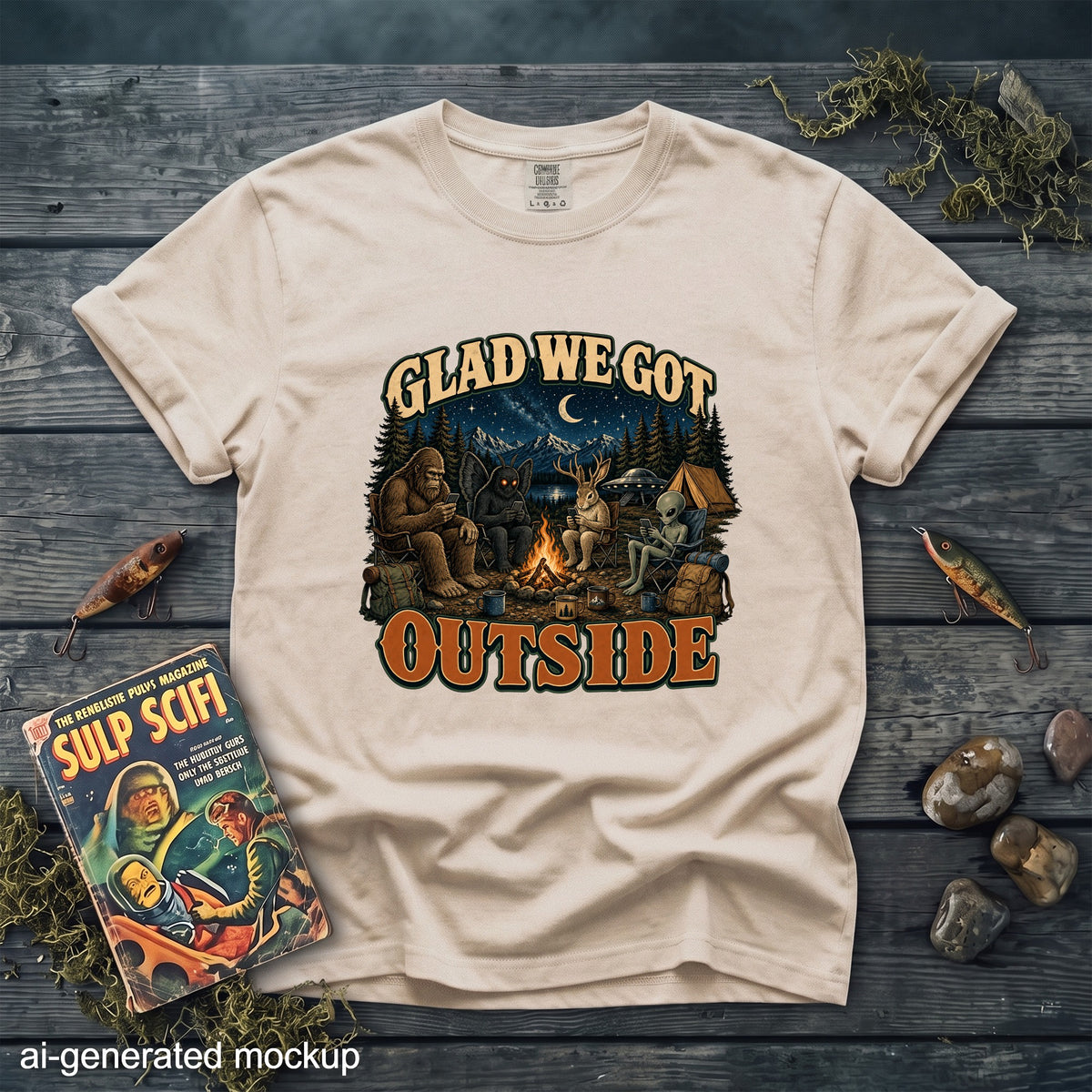 Beige t-shirt with "Glad We Got Outside" graphic featuring Bigfoot, mothman, alien, and rabbit camping.