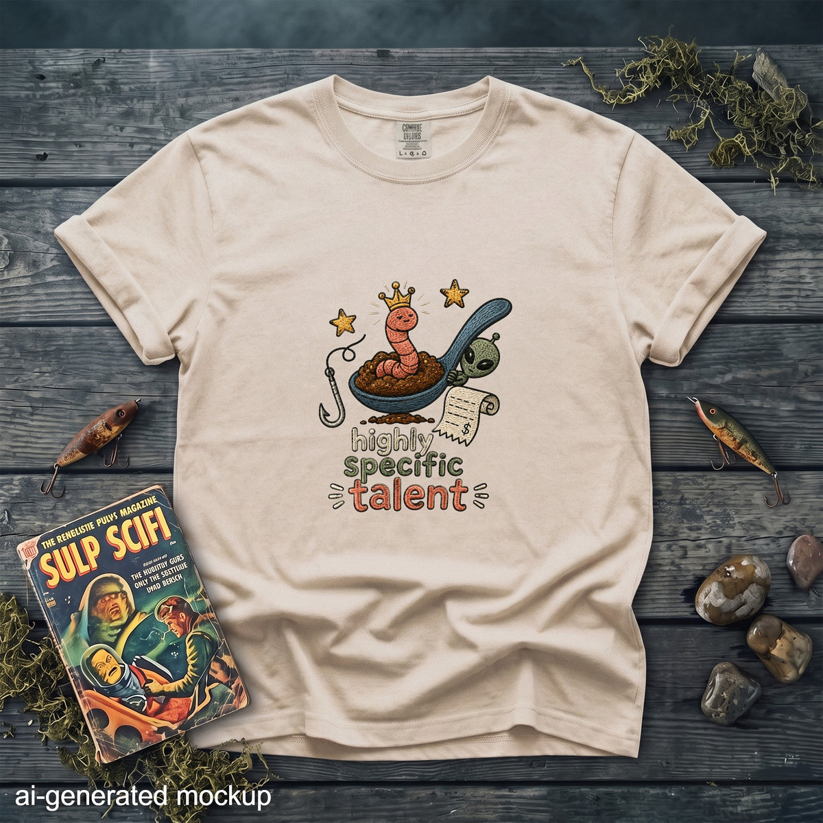 Light beige t-shirt with a graphic of a worm in a spoon, an alien, and text "highly specific talent."