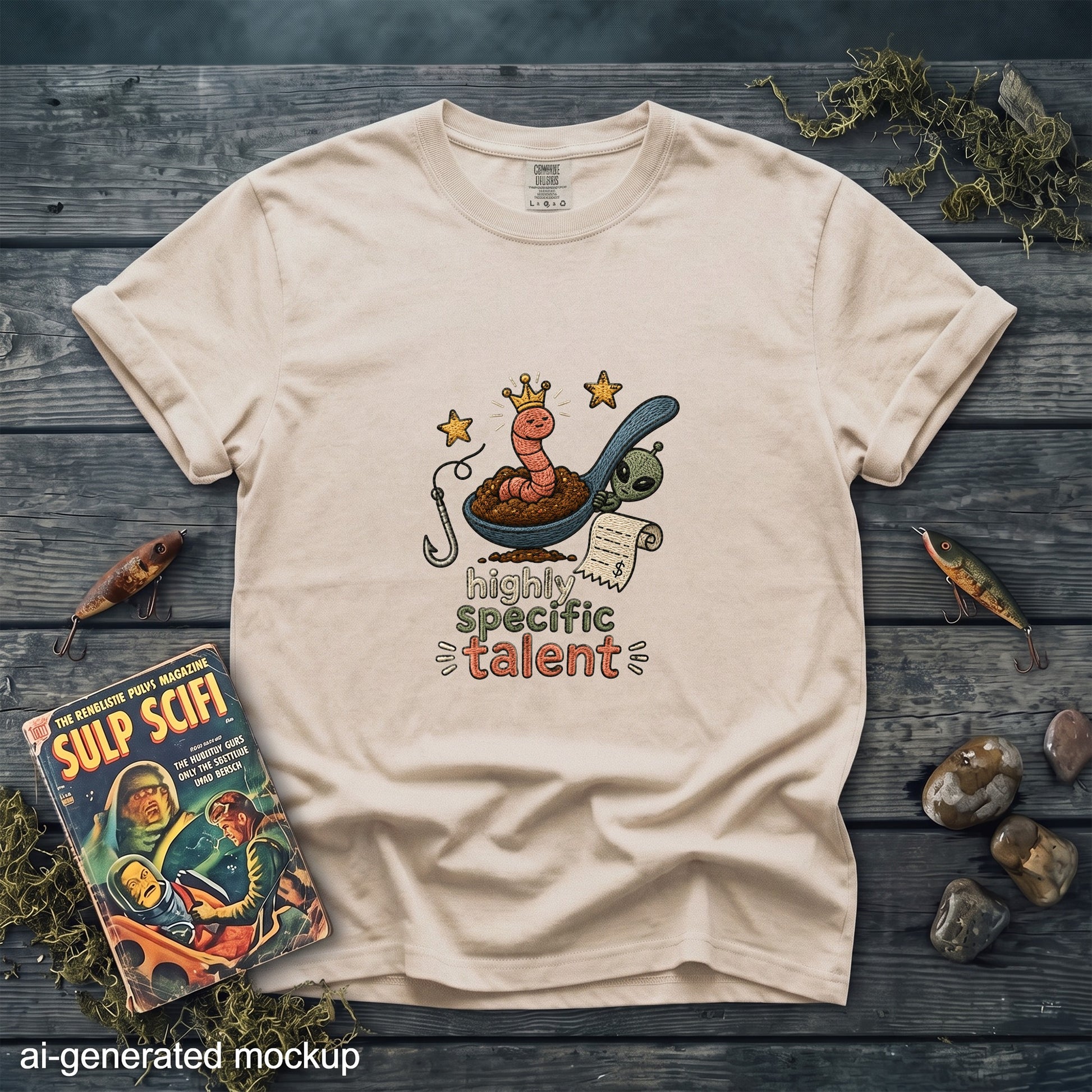 Light beige t-shirt with a graphic of a worm in a spoon, an alien, and text "highly specific talent."