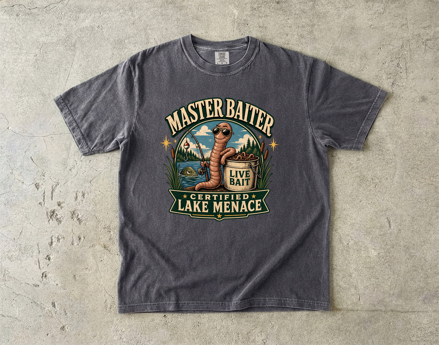 Gray t-shirt with "Master Baiter Certified Lake Menace" and worm fishing graphic.