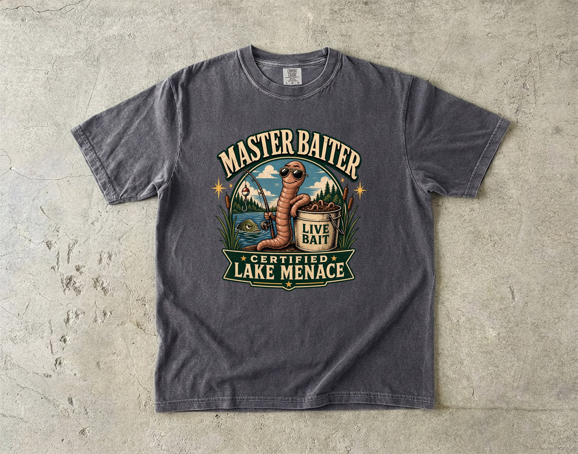 Gray t-shirt with "Master Baiter Certified Lake Menace" and worm fishing graphic.