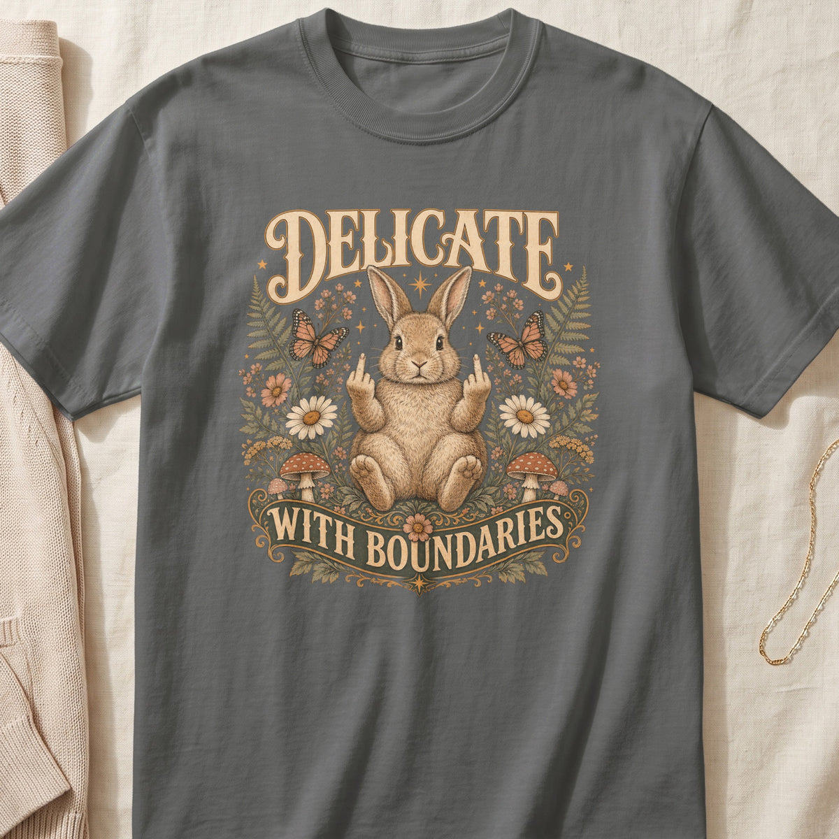 Bunny with middle fingers raised, surrounded by flowers, text "DELICATE WITH BOUNDARIES."
